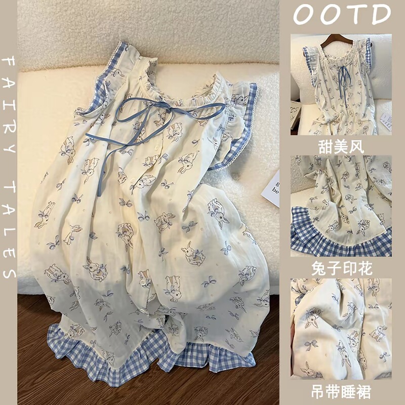 ソースファクトリークラウドコットン韓国インス甘くてかわいいウサギのネグリジェ女性の夏薄いミッドレングスパジャマ|undefined