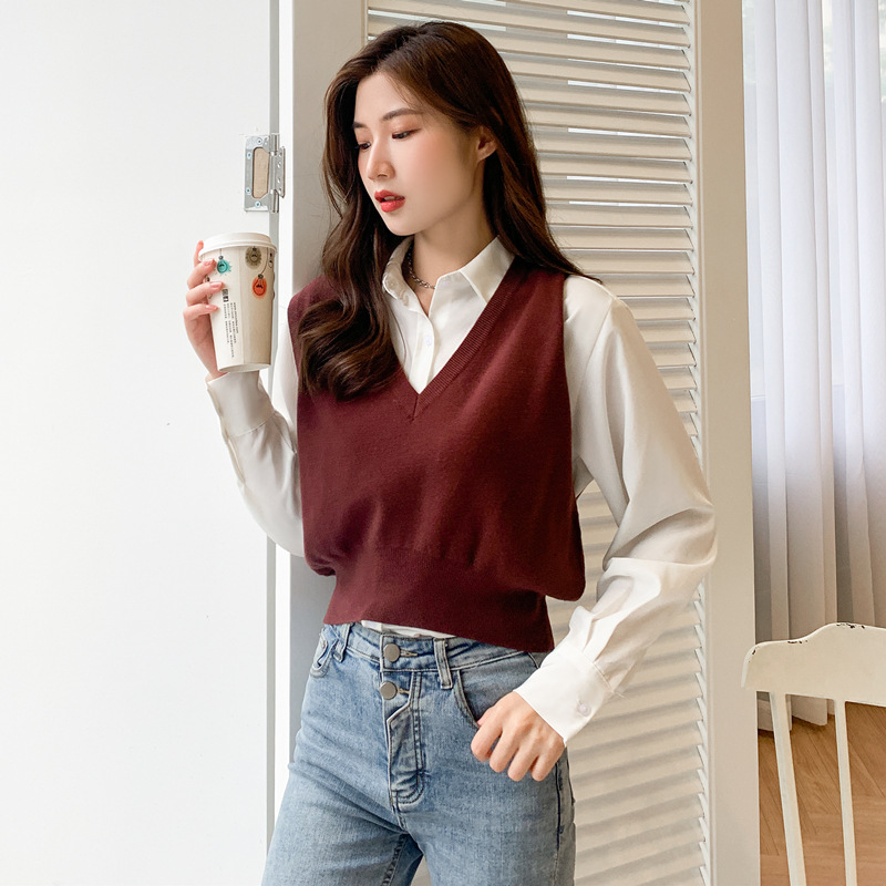 Chaleco de punto estilo nuevo para primavera y otoño para mujer, suéter sin mangas moderno, top corto marrón elegante.