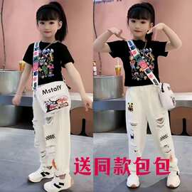 女童夏季套装2026新款儿童短袖炸街时髦洋气破洞牛仔裤夏装两件套