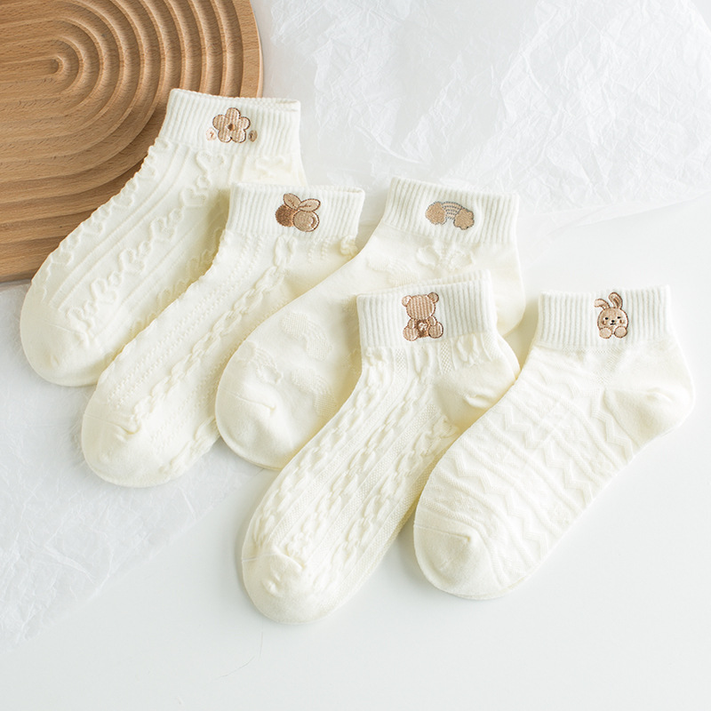 可爱日系短袜白色刺绣船袜 女 ins潮春夏短袜子百搭袜子 女|ms