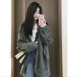 针织衫毛衣女秋冬新款慵懒风小众灰色宽松长袖开衫上衣外套