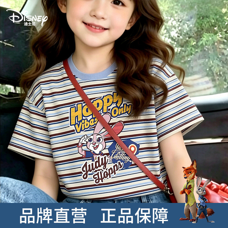 Disney Rabbit Police Officer Printed Striped Short Sleeve Contrast Color T-Shirt for Girls 2026 Summer Loose Top for Older Children Disney Rabbit Police Officer Printed Striped Short Sleeve Contrast Color T-Shirt for Girls 2026 Summer Loose Top for Older Children
