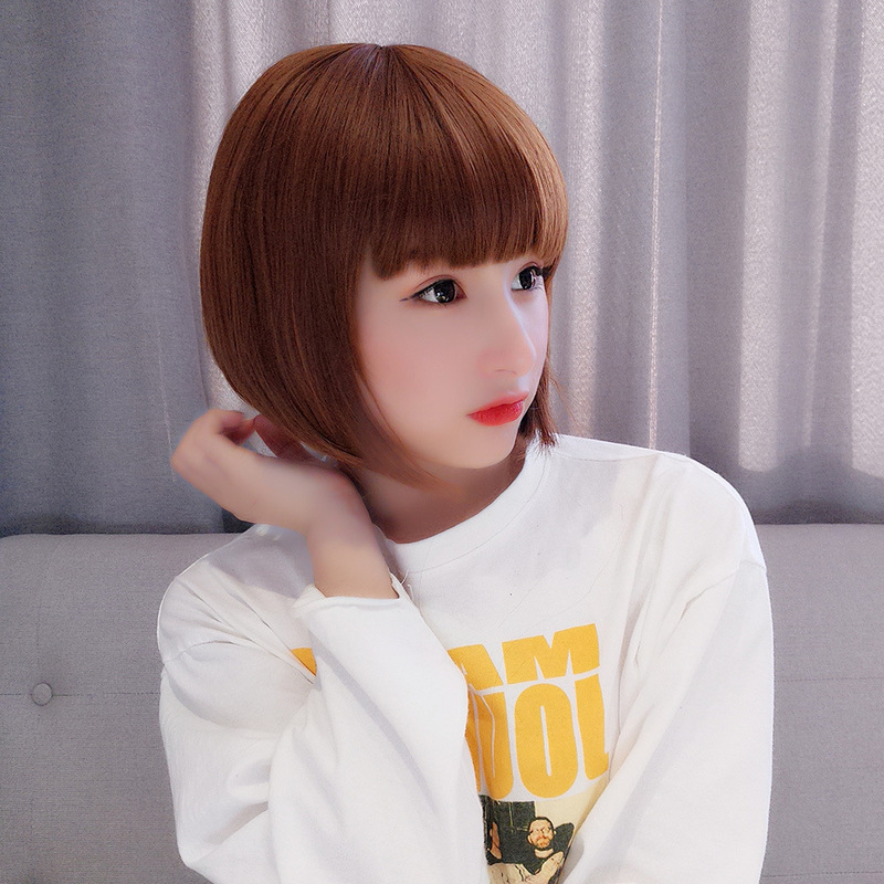 Wig female short hair net red air bangs grandma gray bobo head cover fluffy face repair pear flower head full top wig cover