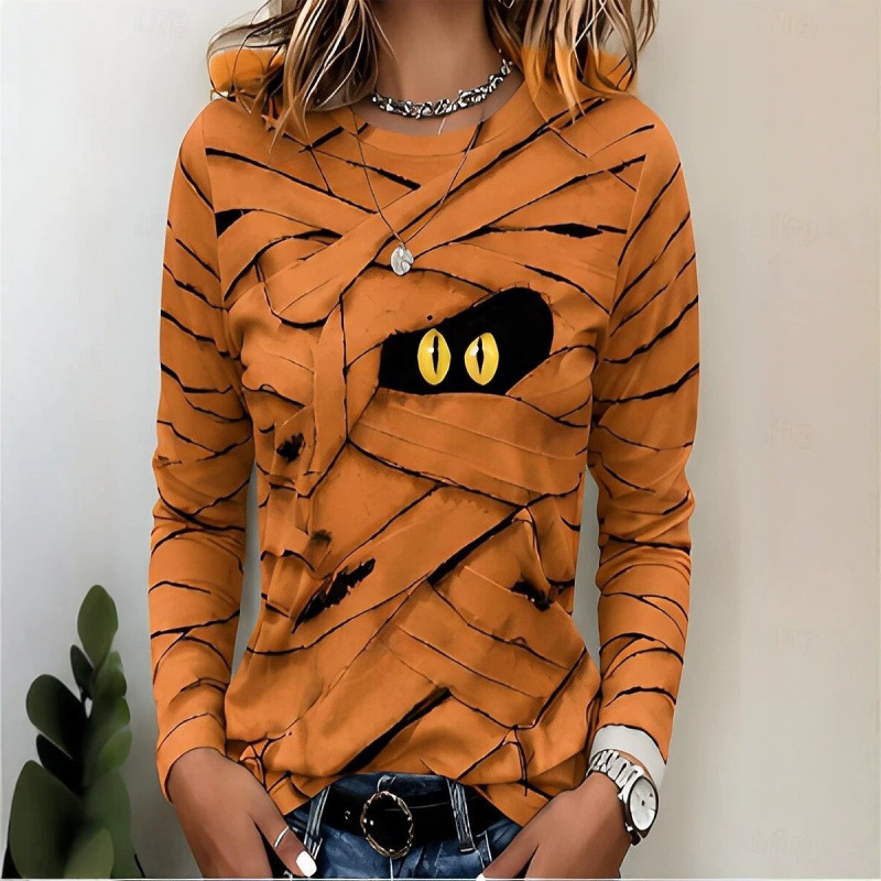 Halloween Women's Long Sleeve T-Shirt with Pumpkin and Skull Pattern, Vintage Fashion Round Neck Regular Fit Top for Everyday and Weekend Wear Halloween Women's Long Sleeve T-Shirt with Pumpkin and Skull Pattern, Vintage Fashion Round Neck Regular Fit Top for Everyday and Weekend Wear