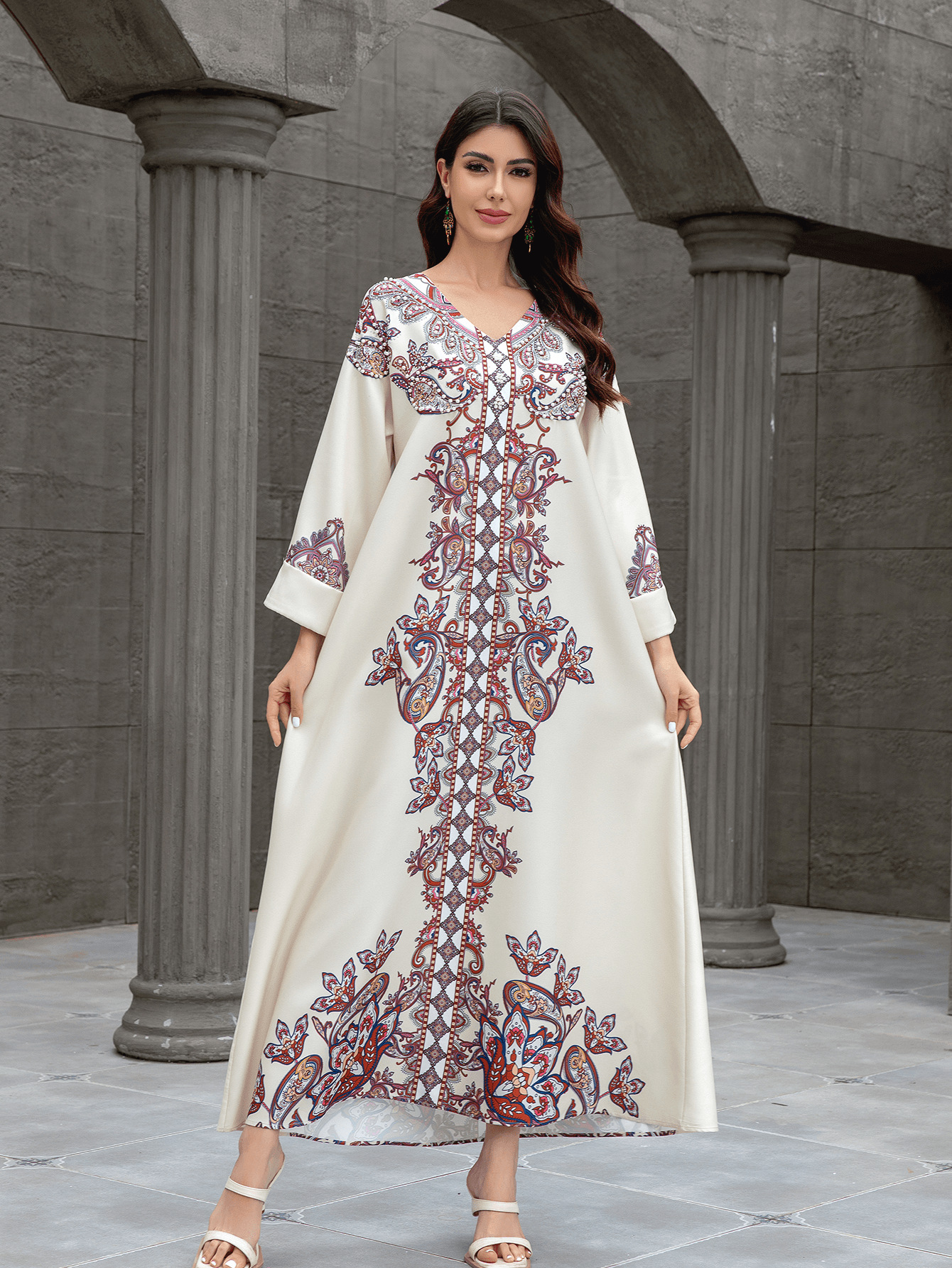 SW0826 Middle Eastern Cross-Border Muslim Women's Robe Elegant Printed Beaded Dress Dubai Foreign Trade Abaya_ecoleips.com
