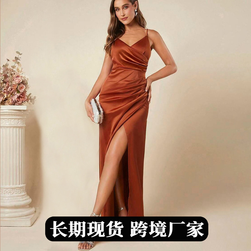 European and American Cross-Border Women's Spring and Summer New Satin Suspender Dress Export Sexy Pleated Skirt Bridesmaid Dress
