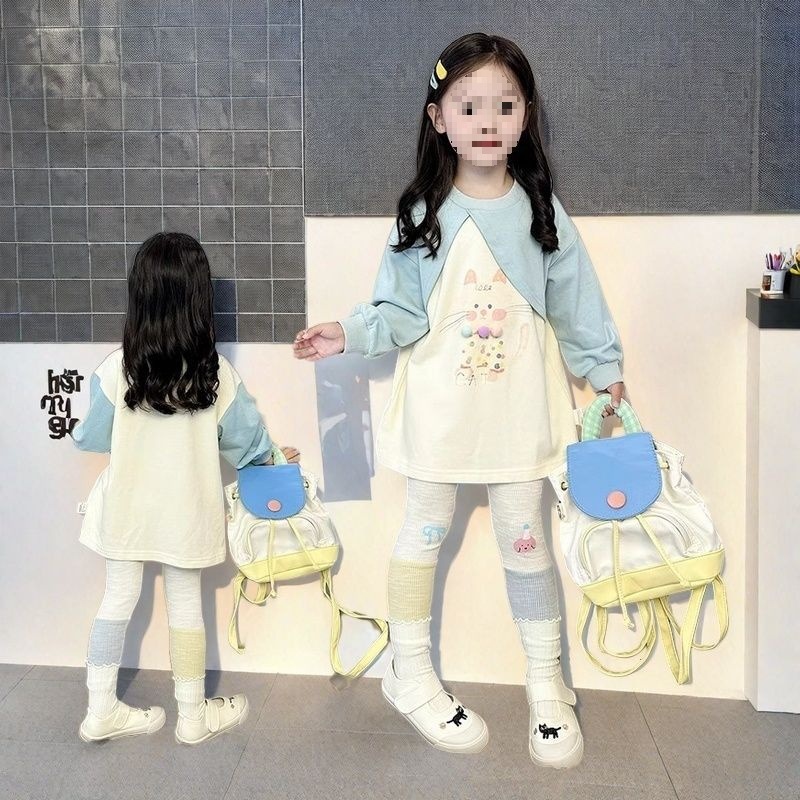 女童春季假两件卫衣2025新款可爱猫咪卫衣女宝宝拼色打底裤两件套