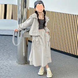 女童套装2025春季洋气时尚韩版工装外套儿童夏季宽松半身裙两件套