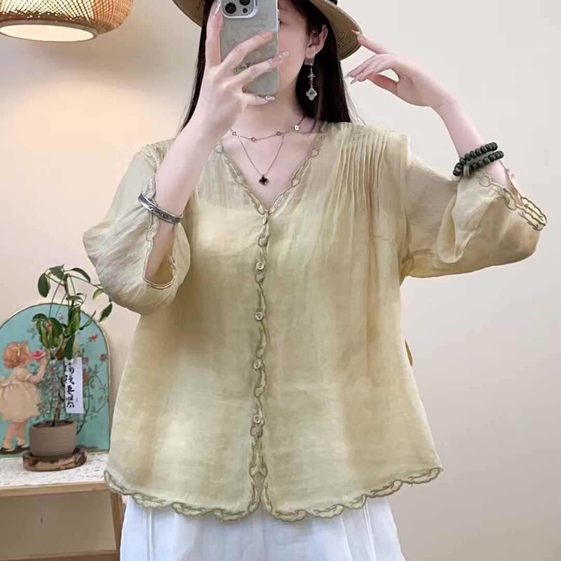 Embroidered Placket, Pleated Shoulders, Ramie Shirt for Women, Summer Artistic Style Blouse, Tie at the Back, Lightweight Ramie Cardigan Embroidered Placket, Pleated Shoulders, Ramie Shirt for Women, Summer Artistic Style Blouse, Tie at the Back, Lightweight Ramie Cardigan