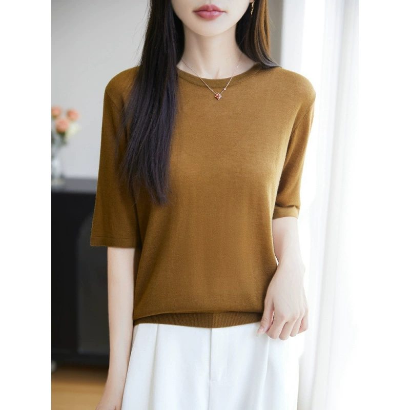 Новая водорастворимая шерстяная тонкая трикотажная одежда с рукавами четверть для женщин 25 весенне-летних новых универсальных тонких футболок с круглым вырезом на правое плечо