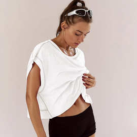 亚马逊订制女式短袖上衣休闲瑜伽运动健身休闲露背露脐跑步 T 恤