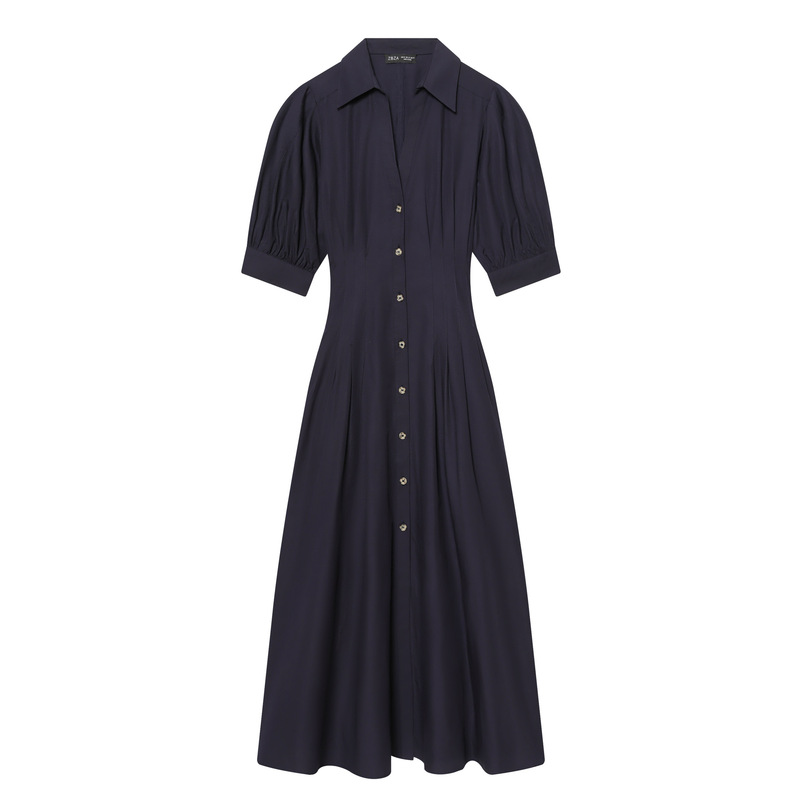 New Women's Fashion European and American Cross-Border Style Versatile Solid Color Shirt with Turn-Down Collar, Single-Breasted, Puff Sleeves, Midi Dress