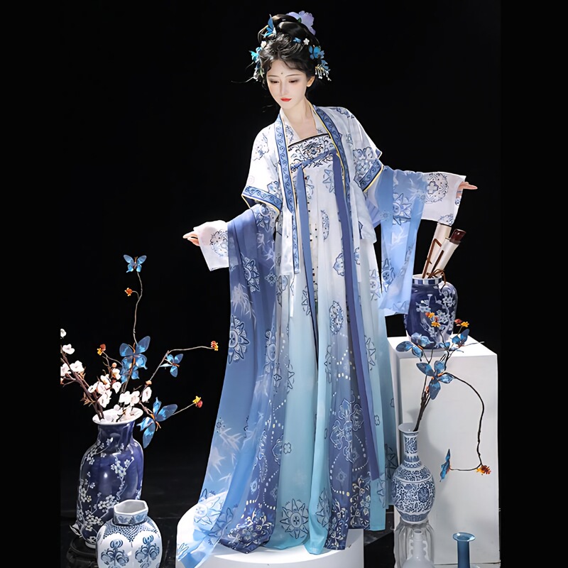 Zhī Yǔ Táng's Original Tang-Style Hanfu for Women 【Blue and White】 National Style Super Fairy-Like High-Waisted Skirt Daily Spring and Summer Best Friend Set