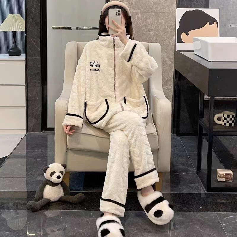 秋冬季珊瑚绒睡衣套装女加绒加厚家居服时尚可外穿法兰绒开衫睡袍|undefined