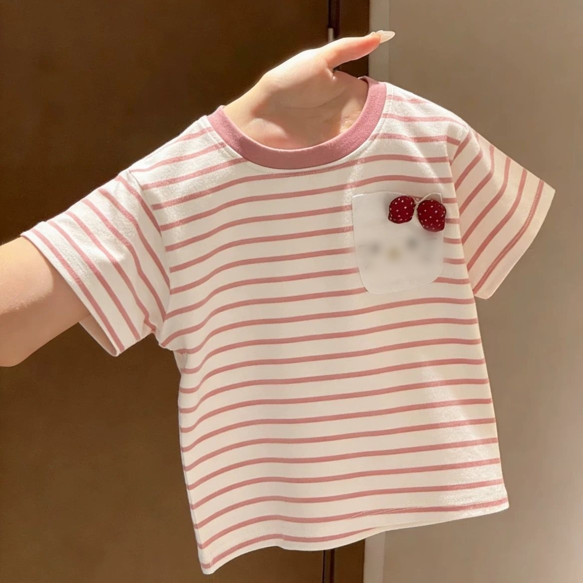 Cute Cartoon Short-Sleeve Shirt for Kids, 2026 New Style, Cartoon Print Top, Stylish Striped Round Neck Shirt for Baby Girls