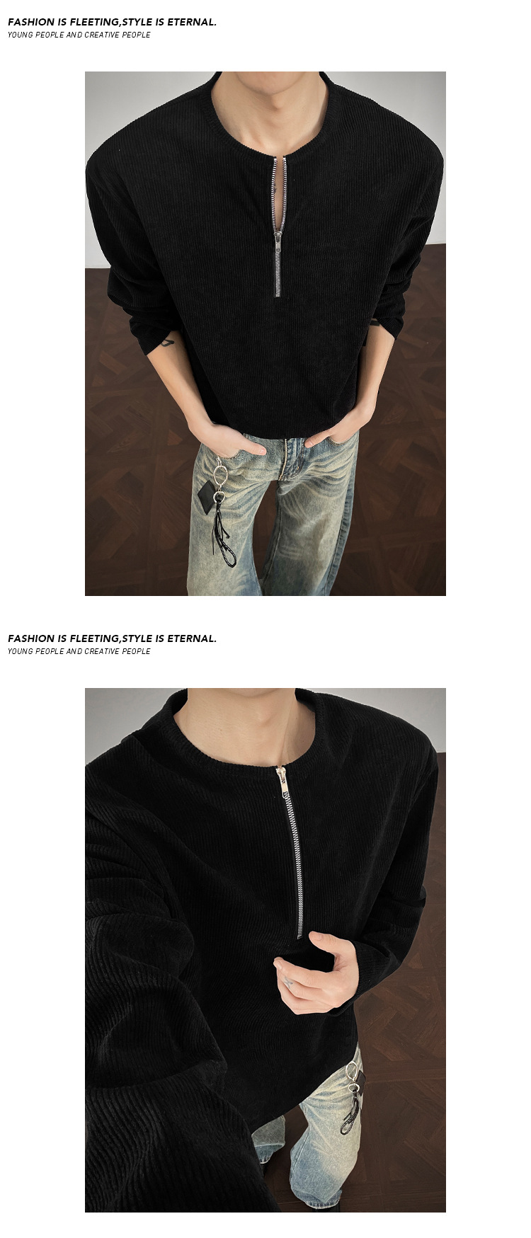 American Style Corduroy Half Zip Henley Long Sleeve T-shirt_voghion.com