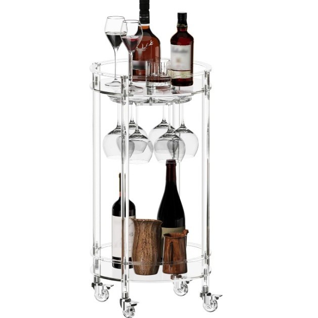 亚克力酒吧车圆形拉杆推车2层家庭酒吧车带可锁定车轮玻璃支架