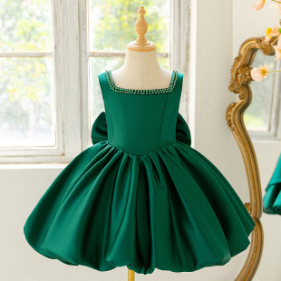 Cross-Border Children's Dress Flower Girl Wedding Birthday Party Princess Dress Bow Sleeveless Performance Dress Beaded Party Dress