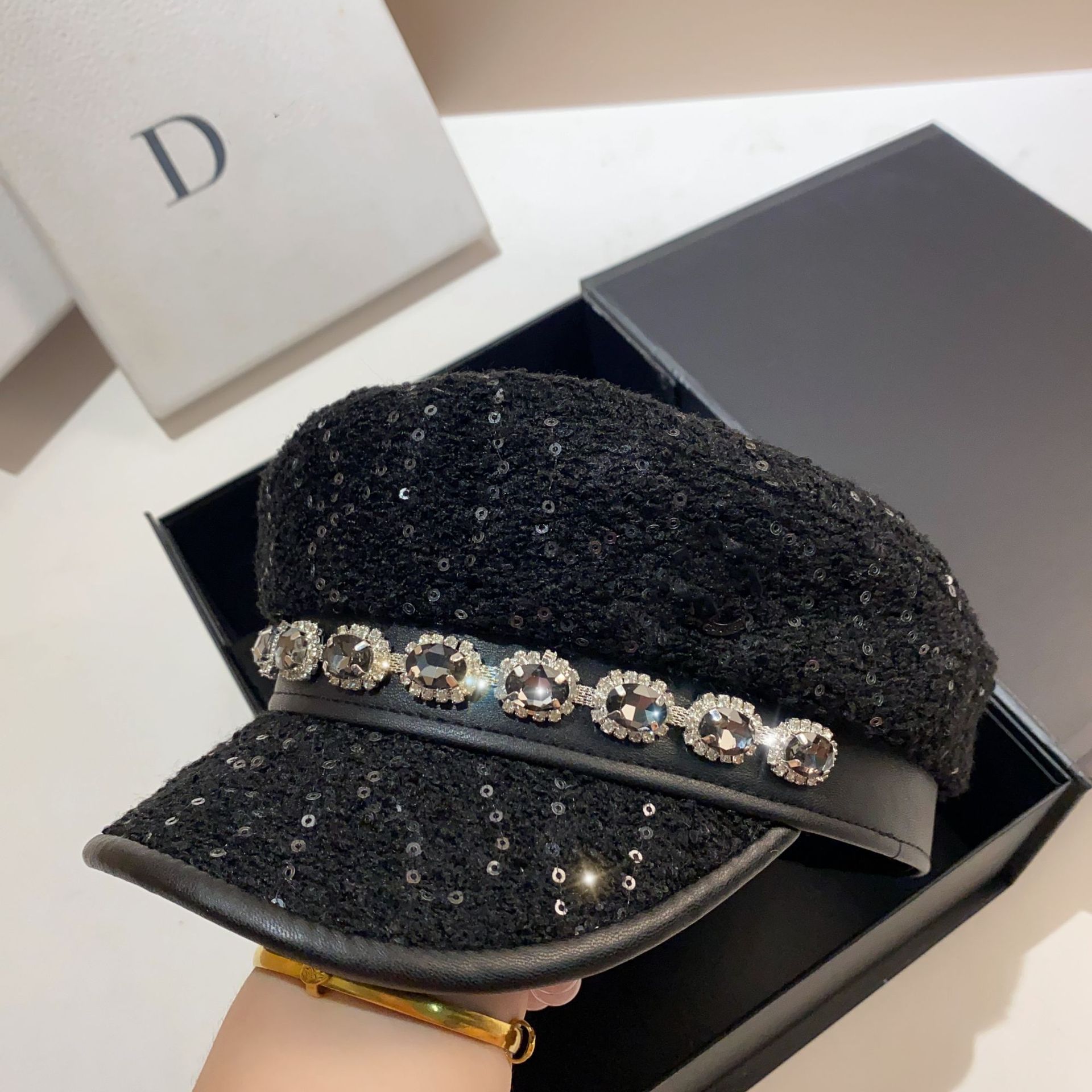 Franséisch Sozialite-Stil Liicht Luxus Strass Marine Koreanesch Versioun Fréijoer an Hierscht Pailletten grob Woll aachteckeg_voghion.com
