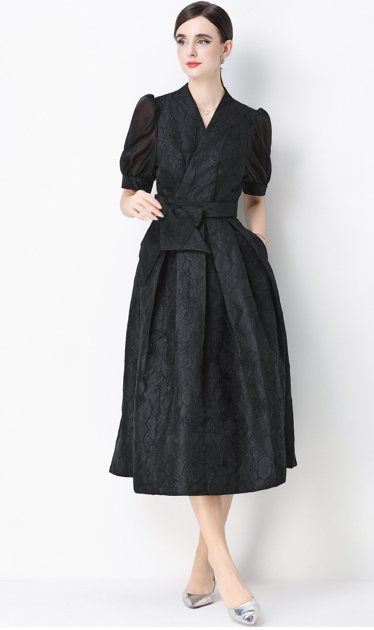 Đầm maxi nữ thắt eo V cổ tay ngắn họa tiết jacquard thanh lịch — màu đen, xanh lam, Màu hồng, màu trắng chi tiết 18
