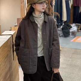 复古文艺撞色翻领加棉棉衣女冬季新款宽松休闲百搭天丝亚麻棉服女