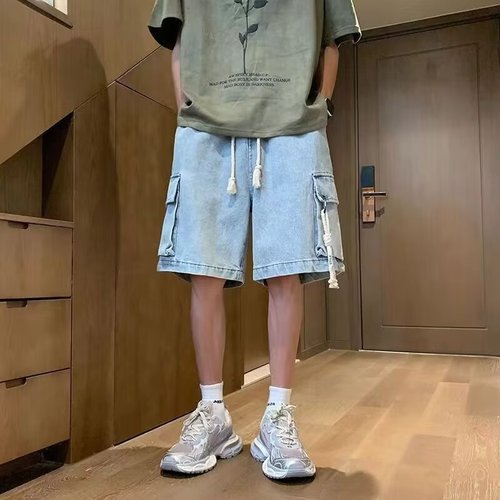 Oversize workwear denim shorts for men, summer trend brand, cool and stylish, large pockets, 5-pocket pants, American retro, loose fit