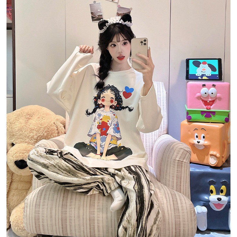 韩版可爱甜美ins卡通睡衣女春秋季圆领长袖长裤可外穿家居服套装|undefined