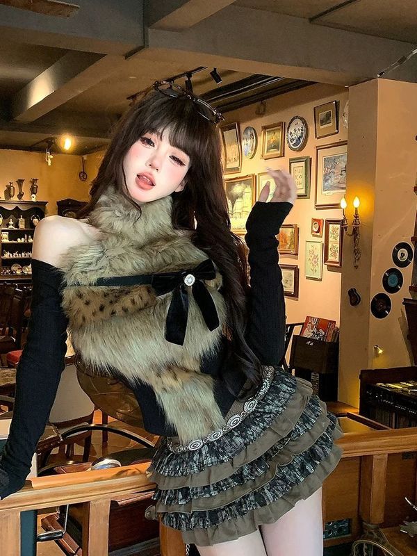 冬季新款豹纹拼接露肩纯欲风蝴蝶结针织上衣高腰蛋糕蓬蓬裙两件套|undefined