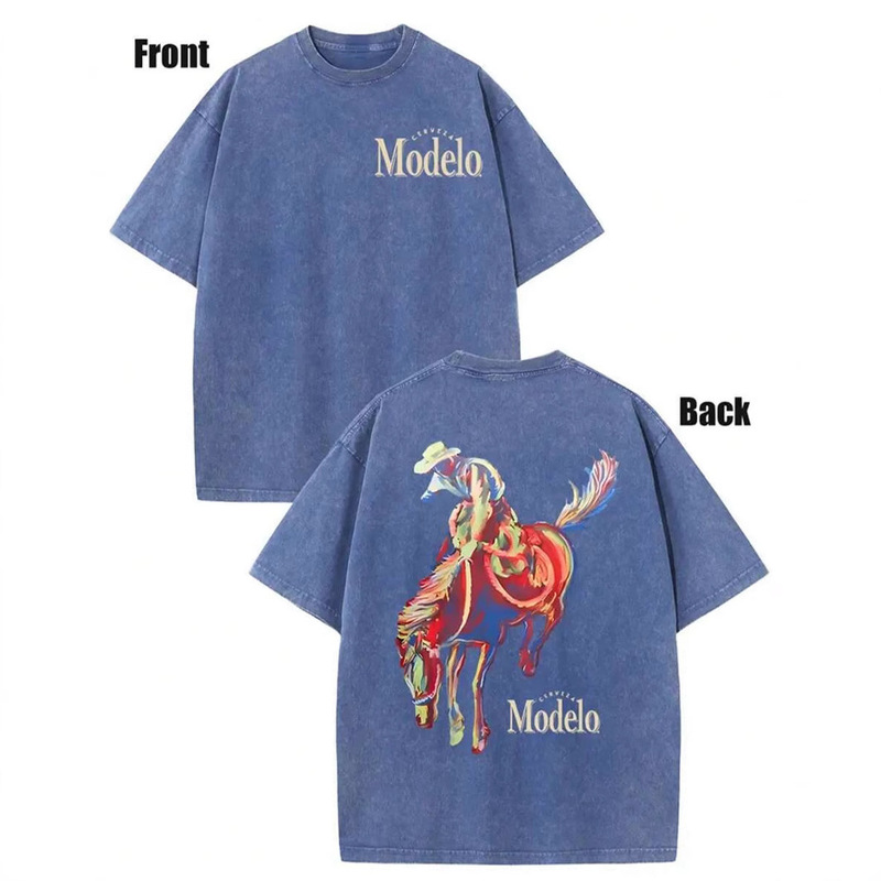 2025 Summer European and American Trendy Brand Washed Horseman Printed Short-Sleeved T-Shirt Men's Loose Casual Top 2025 Summer European and American Trendy Brand Washed Horseman Printed Short-Sleeved T-Shirt Men's Loose Casual Top