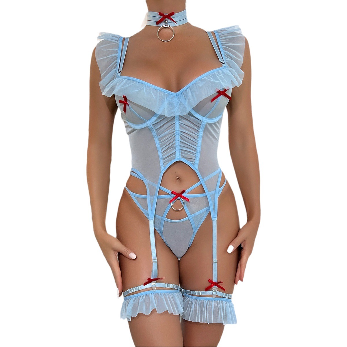 Europa y América nueva malla elástica chica sexy costura espina de pescado conformación backless Sling mono 4 piezas conjunto 3389