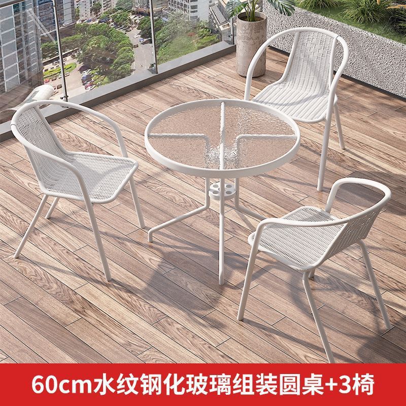Mesa y silla de balcón de tres piezas, mesas de té casuales, combinación de vidrio blanco plegable, una mesa y dos sillas, mesas de té pequeñas