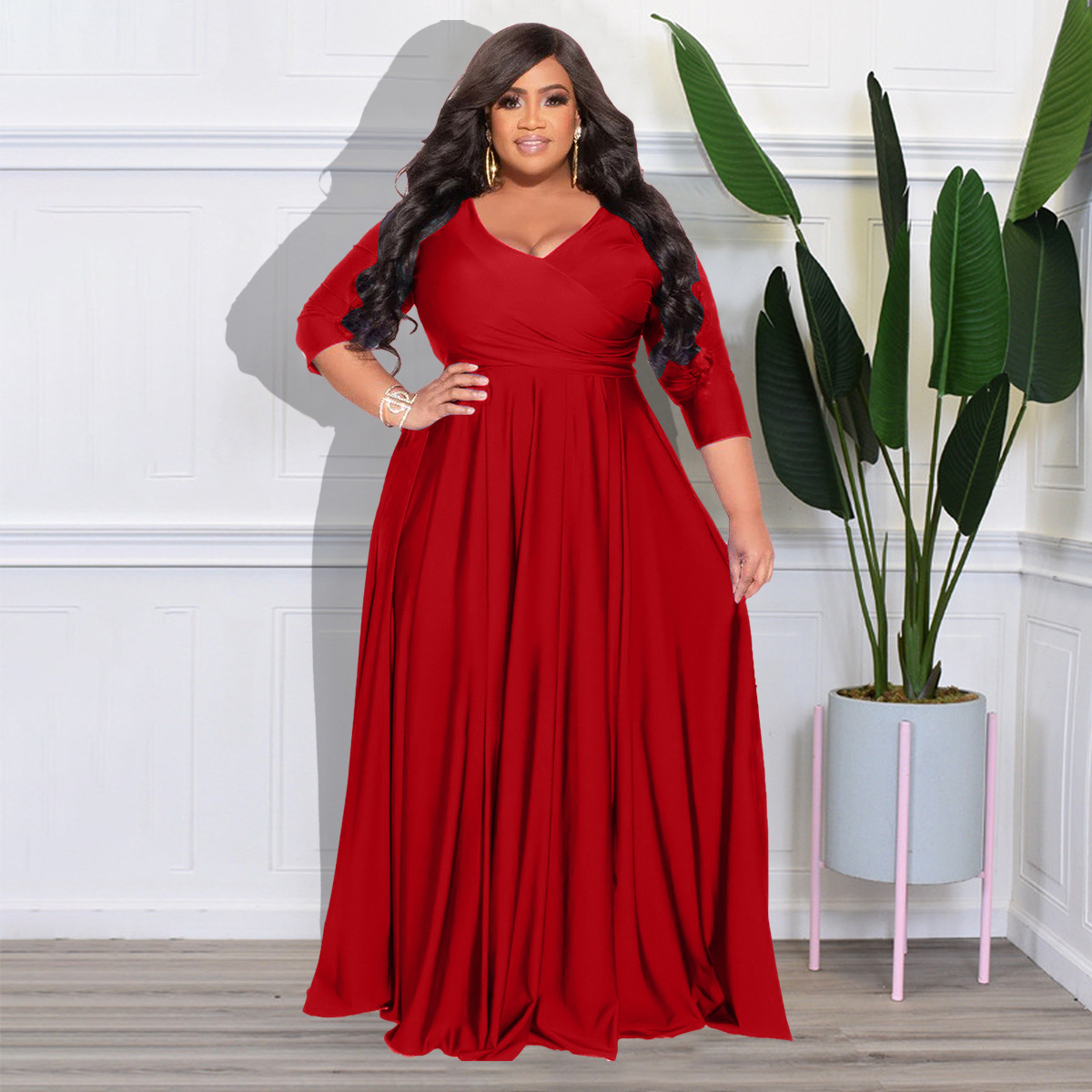 Women's Party Dress Elegant V Neck 3/4 Length Sleeve Solid Color Maxi Long Dress Banquet Evening Party display picture 2