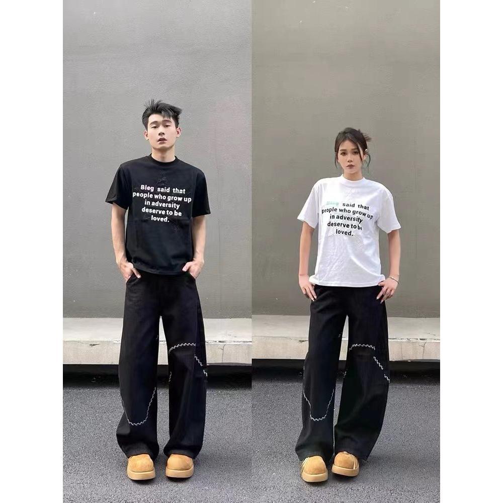 Jeans machete negro para hombres 2025 nuevo diseño bordado sensación de piernas largas sueltas pantalones casuales de moda