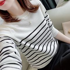 韩版黑白条纹毛衣女内搭2025新款打底衫女长袖套头秋冬针织衫上衣