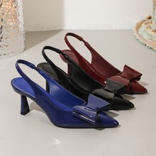 外跨境蝴蝶结后空凉鞋性感一脚蹬尖头酒红色高跟鞋女细跟包头单鞋