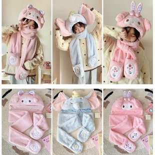 Cute Merleti Hat and Scarf All-in-One Women's Winter Thickened Warm Three-in-One Women's Gloves Ear Protection Cap Scarf