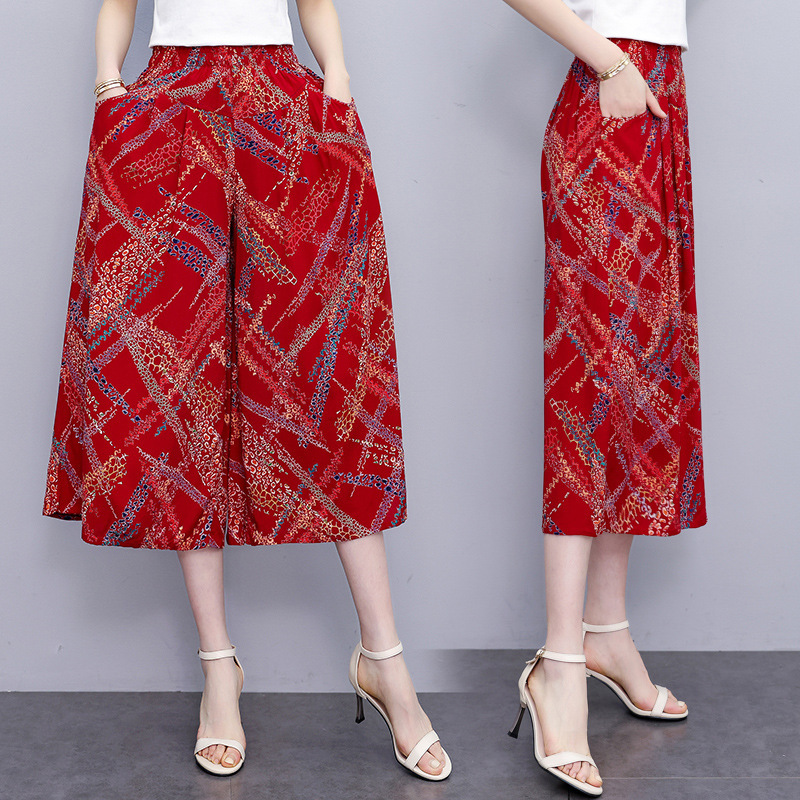 Fashion Cotton Wide-Leg Pants Summer Women's Fashion Printed Cropped Pants Mom Style Elastic Waist Skirt Pants