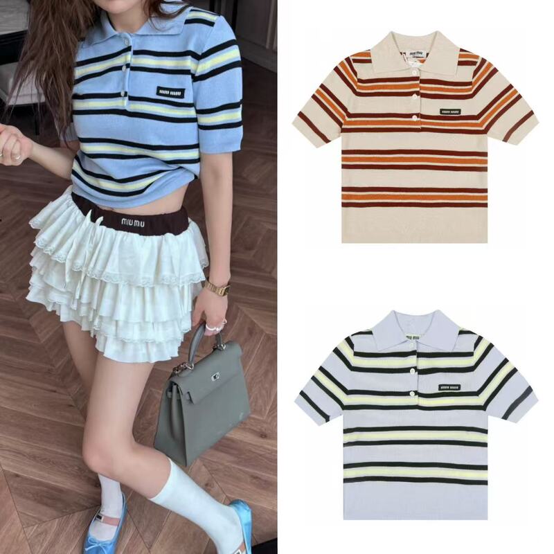2025 New mm Brand New College Style Nanyou High-End Striped Casual Color-Blocking Short-Sleeve Women's Polo Knit Shirt