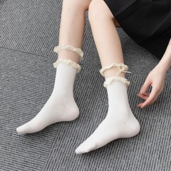 春季新款女中筒基礎棉襪雙層拼接花邊襪洛麗塔蝴蝶結女襪日系女襪
