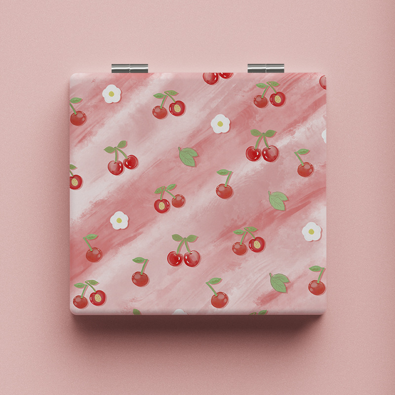 63g Weight Mirror Makeup Tools Types 1 Piece Quantity Pu Leather Material Cartoon, Peach, Cherry Pattern Cute Style Cute Cartoon Peach Cherry Pu Leather Mirror 1 Piece 无