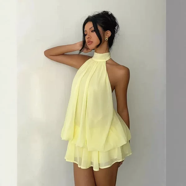 European and American Cross-Border Women's Fashion Vacation Slim-Fit Sexy Backless Halter Tie Waist Top Puffy Short Skirt Dress