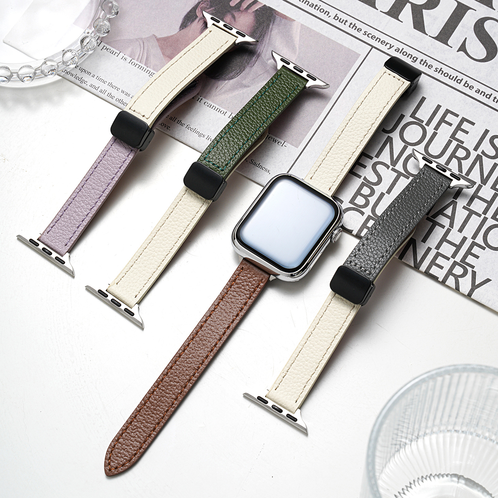 Suitable for Apple Apple Watch S11 Lychee Pattern Small Waist Magnetic Buckle Women's iWatch Smart Watch Strap