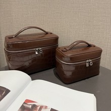 头层牛皮鳄鱼纹盒子包黑加仑紫化妆包时尚百搭首饰包便携手提包