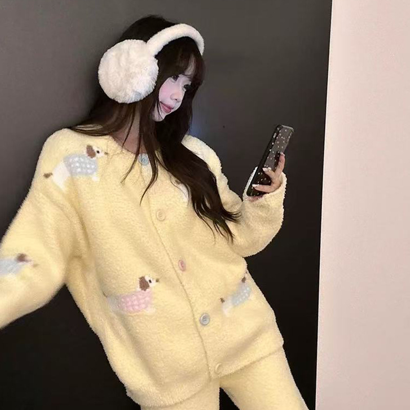 Cute Puppy Print Knitted Pajamas Women's Half Velvet 2025 Autumn and Winter New Large Size Fleece-Lined Warm Suit
