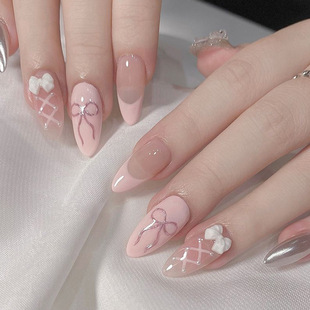 Nail Art Patch Sweet Pink Fake Nail Bow Detachable Solid Color Ins Style Dressing Nail Art