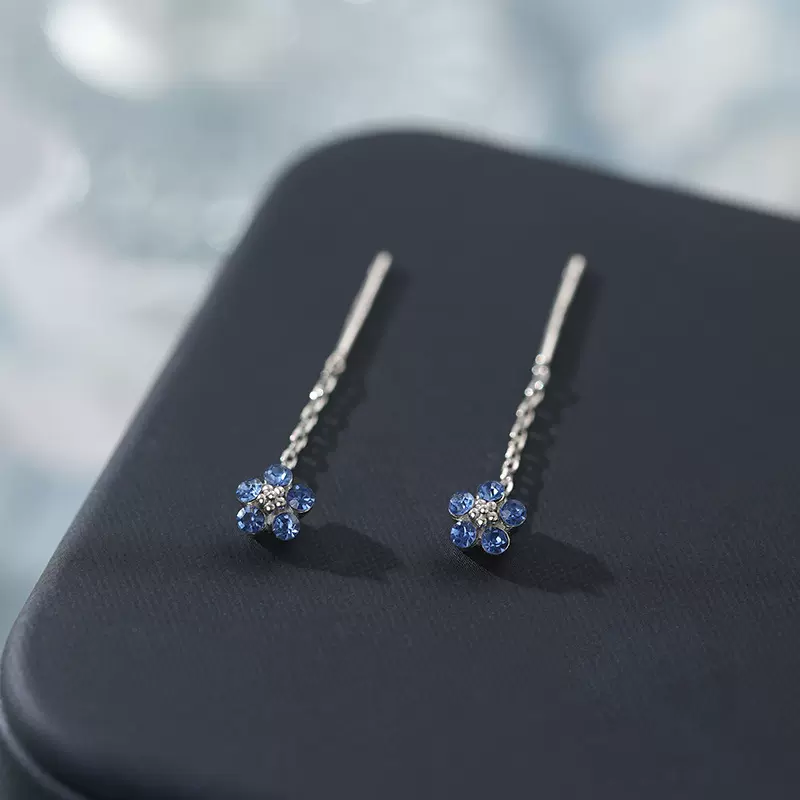 阿宝S999足银精致蓝色花朵流苏耳线女小清新甜美森系轻奢耳饰代发