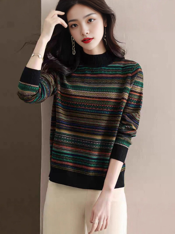 羊绒毛衣女25秋冬新款半高领条纹打底衫加厚针织内搭拼色上衣宽松|undefined