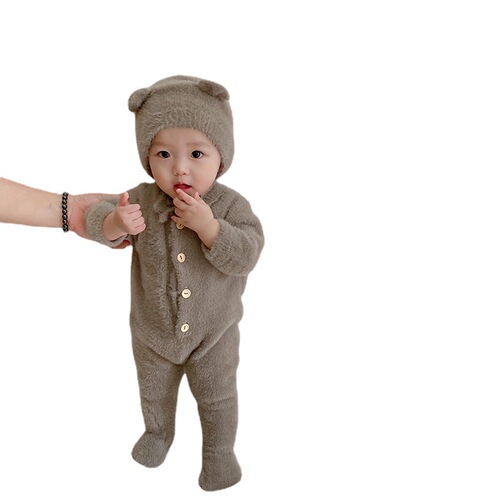 Internet celebrity ins baby autumn jumpsuit baby 100-day clothes mink velvet cute bear foot-covering crawl suit for going out