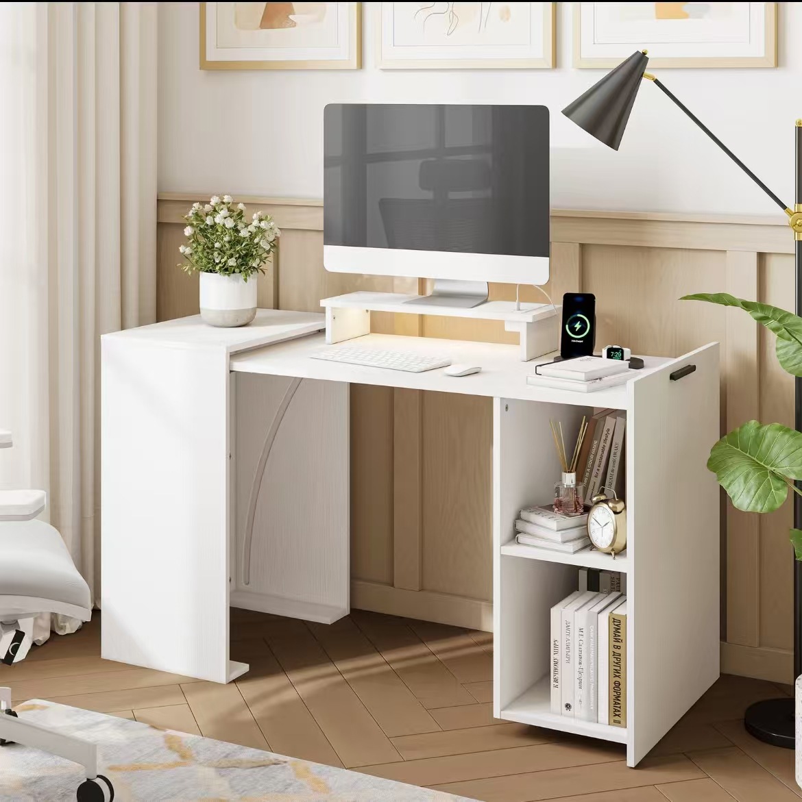 Escritorio de oficina de comercio exterior transfronterizo de comercio electrónico, laminado resistente al desgaste a prueba de agua, diseño de borde circundante