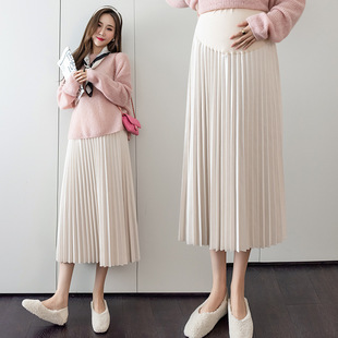 Spring and Autumn Pregnant Women's Autumn Outfit Loose Mid-length A- line Skirt Autumn and Winter Fashionable Mother's Belly Pleated Base Skirt